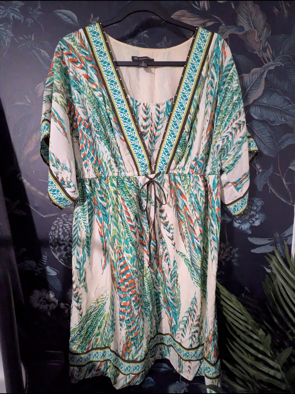 INC Boho Feather Print Embellished Dress Size 16